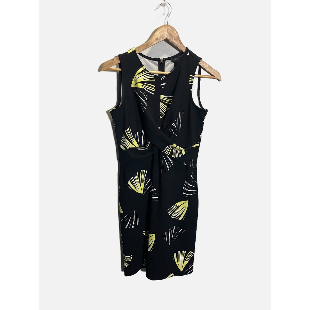 Ann Taylor Sheath Dress Womens 2 Black Yellow Ginkgo Leaf Twist Front Workwear